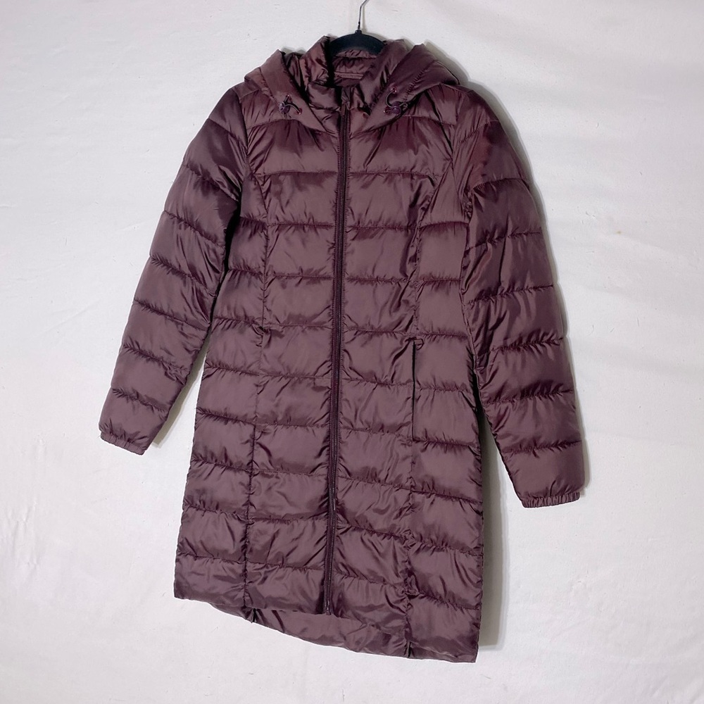 Reitman’s Long Burgundy Quilted Puffer Jacket With Hood XS - Picture 13 of 13